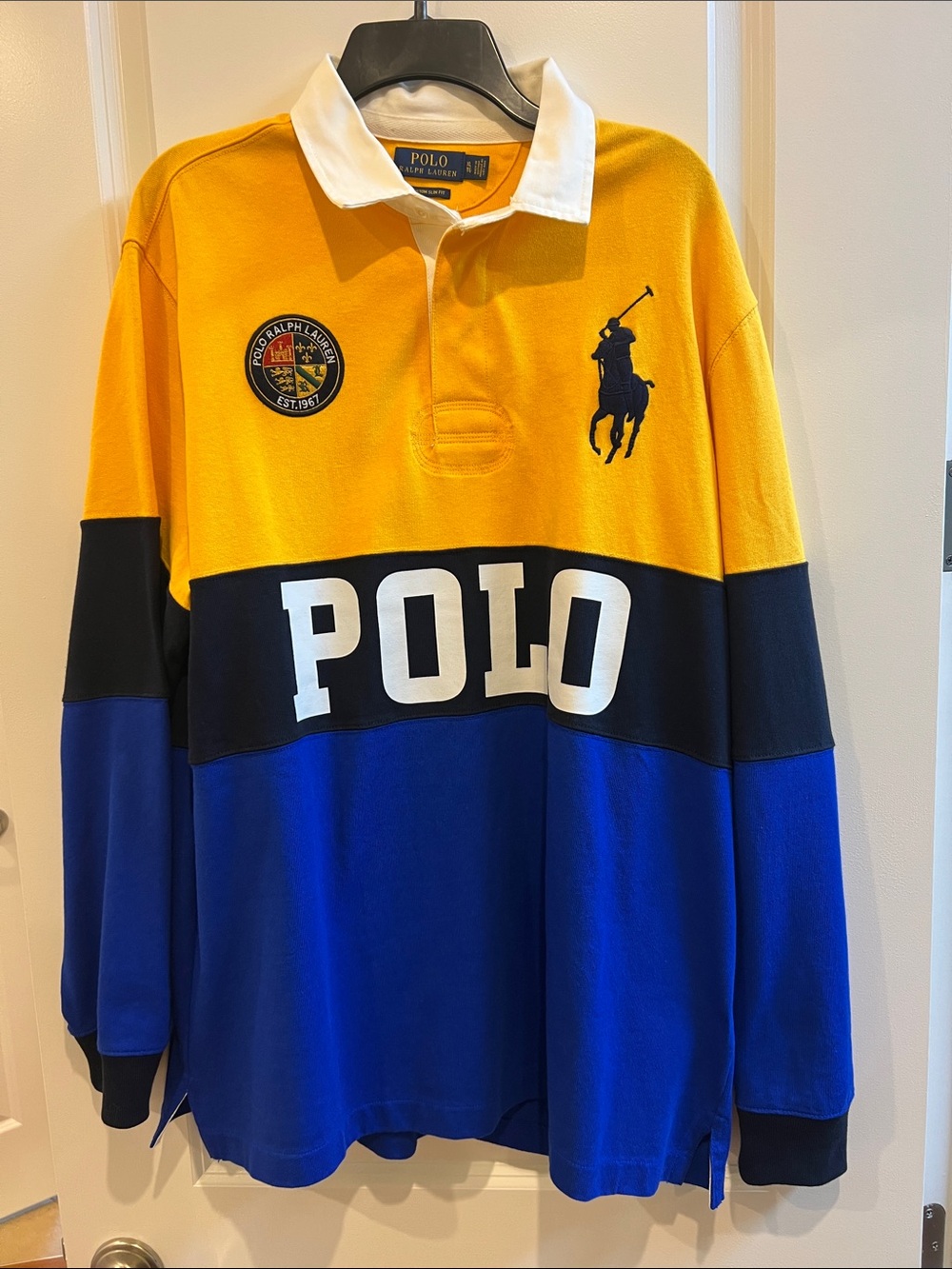 Polo by Ralph Lauren Yellow, Black, Royal Blue Rugby Sweater XL Custom Slim Fit
